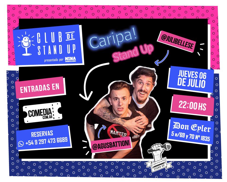 #LAPLATA MAÑANA‼️ x 1vez se presentan <a href="/agusbattioni/">Agustin Battioni</a> y <a href="/JuliBellese/">Julian Bellese</a> con su show #CaripaStandUp! Los esperamos en Don Eyler el 6 de Julio 22hs
