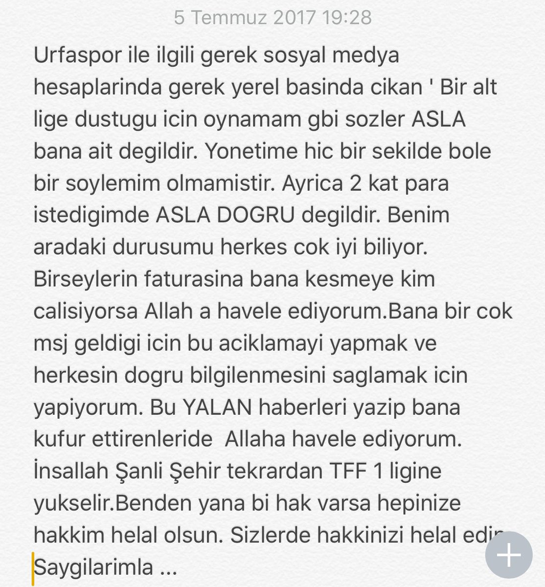 Şanlıurfaspor Sevdalılarının Vicdanına bırakıyorum !