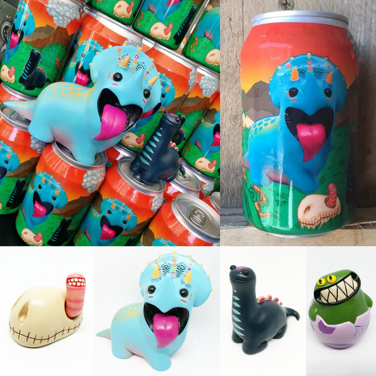 OtherThingsArt's tweet photo. Here they are, the stars with their can 💫 'Early' the worm, 'Tracy' the Triceratops, 'Emily' Brontosaurus, and 'Eggbert'. https://t.co/EoLxILq778