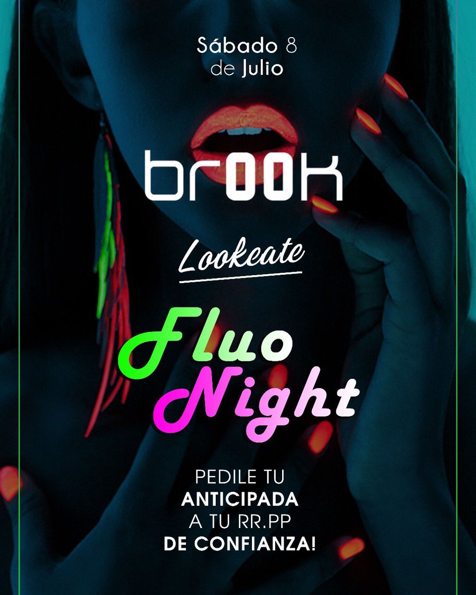 Manu_Nogueiraok's tweet photo. Este sábado 8 de julio @brook_junin presenta la #FluoNight ‼️. Llevando una prenda flúo tenes una consumición🎉. No te la pierdas 💯 https://t.co/VlTopPVoGO