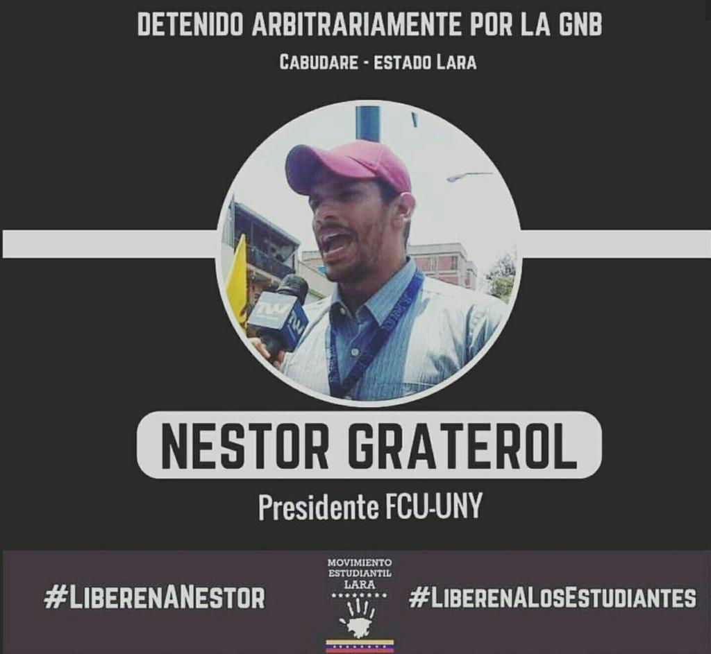 XaanderMc's tweet photo. Presidente FCU-UNY Néstor Graterol fue secuestrado por la GNB en el Edo. Lara 
#LiberenALosEstudiantes https://t.co/Snm61bZLtt
