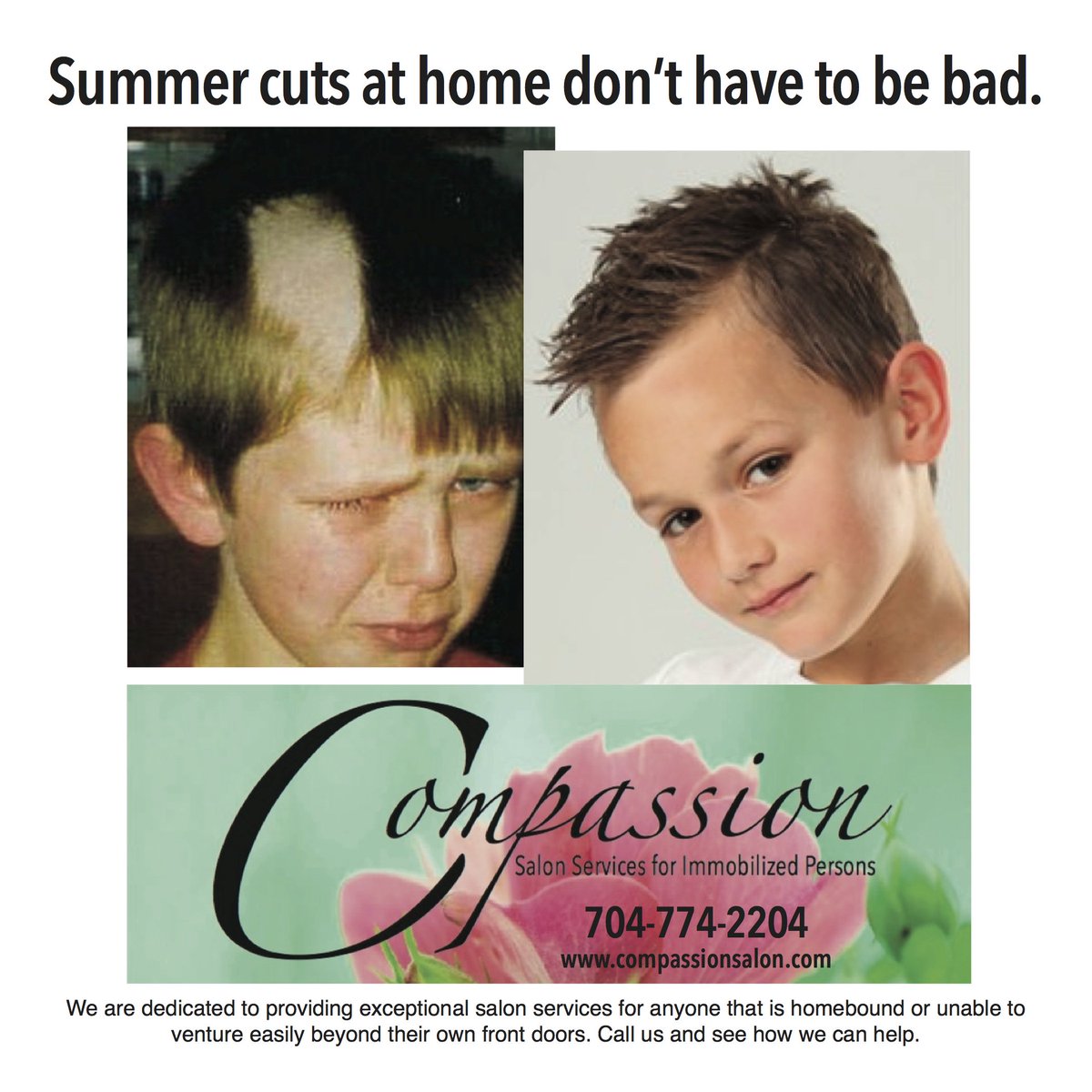 COMPASSION COMES TO YOU!!!
Mecklenburg/Union Counties, NC
 #disabled #Challenged #Elderly #SpecialNeeds #Injured
compassionsalon.com