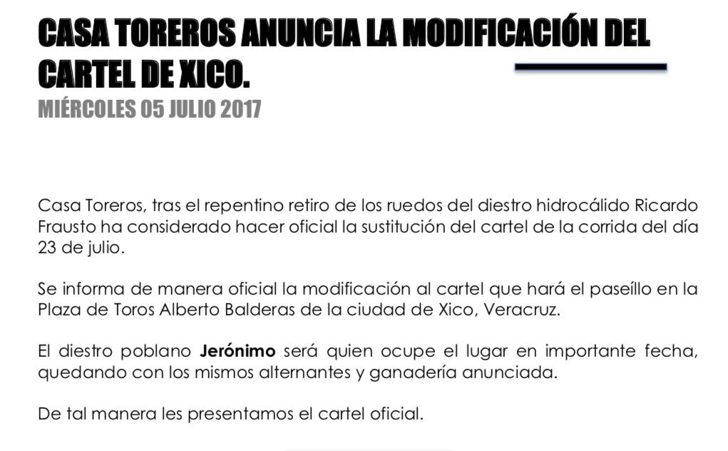 CasaToreros's tweet image. Anunciamos la modificación del cartel de Xico.