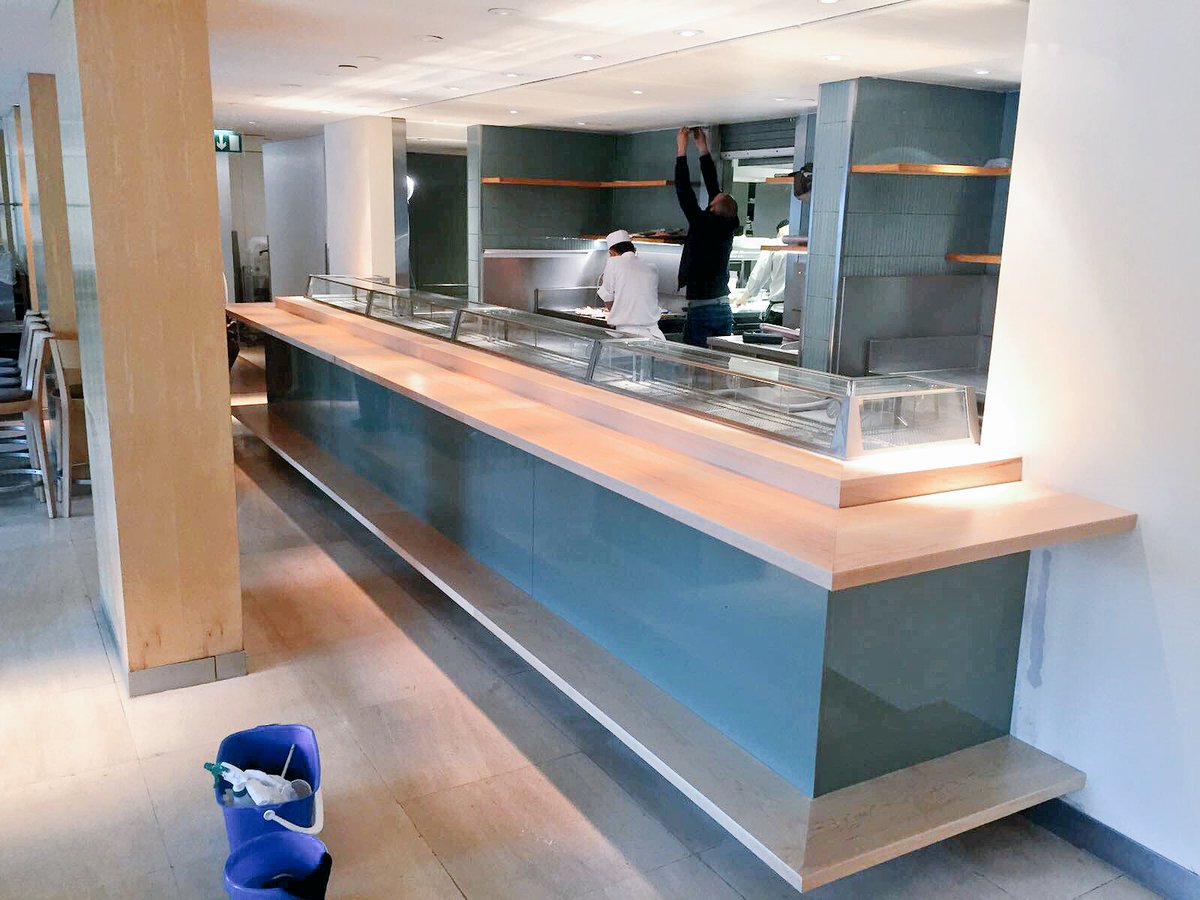 JJInteriorsSW's tweet photo. Complete maple worktop and sprayed mdf finish to sushi counter for @NobuOldParkLane for #shine food machinery #joiney #london #bristol https://t.co/qCzV2ivbok