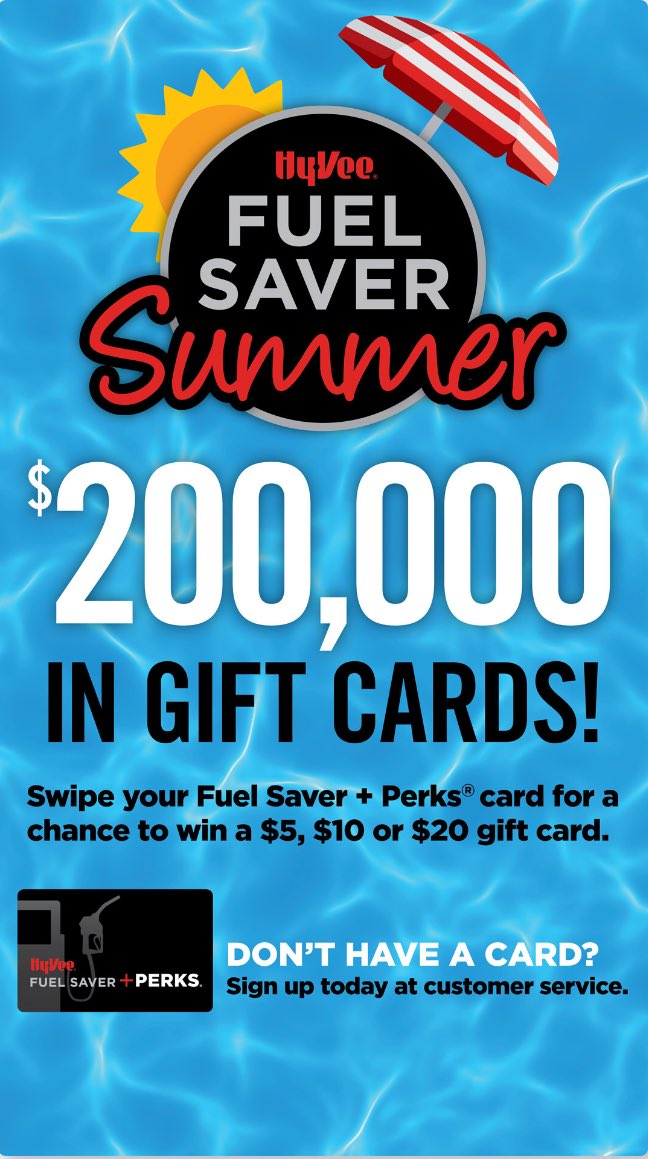 HyVeeMissionKs's tweet photo. Who doesn't want free money?!When you make a purchase, swipe your Fuel Saver+Perks card. Random winners are chosen for FREE giftcards daily! https://t.co/EwA3OWJ5wV