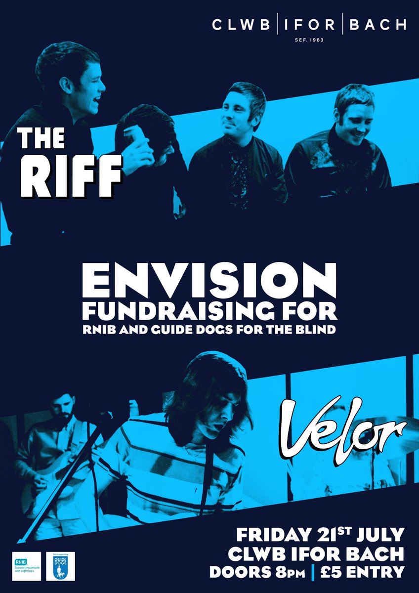 We're playing at <a href="/ClwbIforBach/">Clwb Ifor Bach</a> on July 21st with <a href="/TheRiffUK/">The Riff</a> to raise money for <a href="/RNIB/">RNIB</a> and <a href="/guidedogs/">Guide Dogs</a>