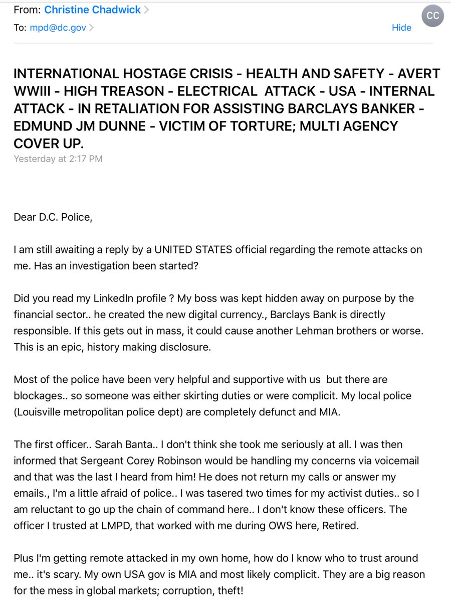 ChristineChadwi's tweet photo. @KarenHudes @3rddogscript @Pepperpear @CamilleHurn @llotus6 @Greg_5mith @BarclaysUKHelp @legenet @Percy_Blooms @Anon_Eu @rougek68 @YourDCTV @DCPoliceDept D.C. POLICE ! ANSWER YOUR MAIL!! 

I WAS ATTACKED IN MY HOME BY REMOTE. REPORT FILED with NAVAL CRIMINAL INVESTIGATIVE SEVICES #W840-8576 https://t.co/2juwgr8Biz