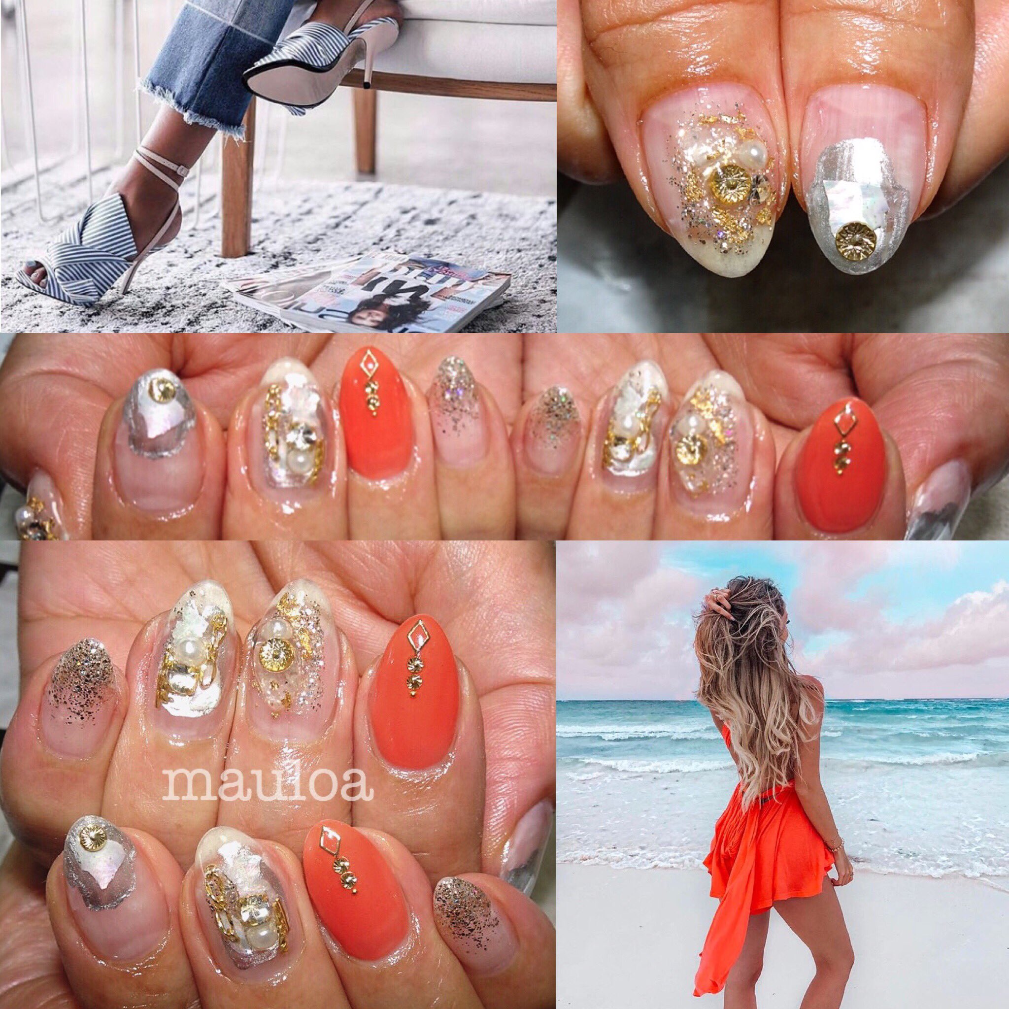 Mauloa オレンジ差し色に いつもありがとうございます 夏ネイル 夏ネイル17l サンプルチップ オレンジネイル スタッズネイル 天然石ネイル 大理石ネイル クリアネイル オーロラネイル ミラーネイル オーロラヴェール ゴールドネイル