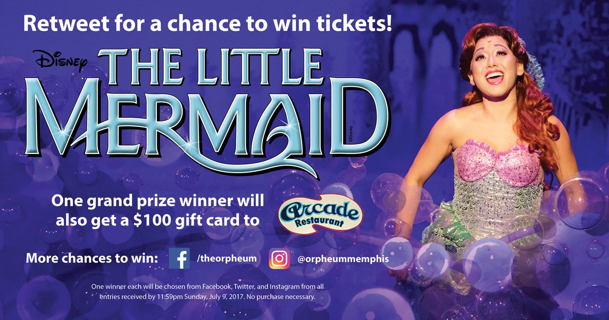 TheOrpheumTN's tweet photo. Retweet for a chance to win a pair of tickets to Disney's The Little Mermaid! Details at https://t.co/JNCemqUJKl #MermaidinMEM https://t.co/ayKcIxoVc0
