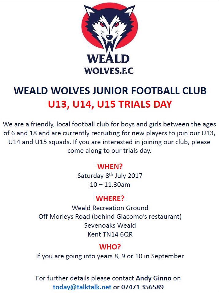 #WealdWolves trials day this Saturday 8th July, Weald Rec Morleys Rd, 10-11.30am. Open to footballers looking to join U13,U14 &amp; U15 teams