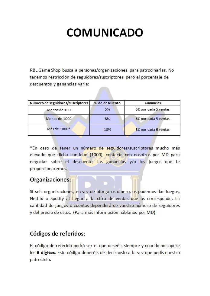 RBL_GameShop's tweet photo. COMUNICADO |
Por fin os traemos el comunicado relacionado con el tema SPONSOR🙌
Si teneis alguna duda habladnos por MD📩
RT♻️&amp; MG❤️ https://t.co/8MZmQ5BrM3