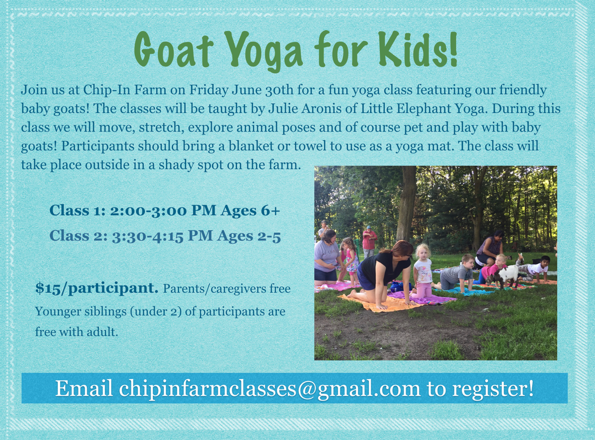 bfctoday's tweet photo. Goat Yoga for Kids at Chip-in Farm this Fri. 6/30! Kids age 2-5 at 3:30-4:15p &amp; kids age 6+ at 2-3p. Register at chipinfarmclasses@gmail.com https://t.co/Oq8T7HkHyk