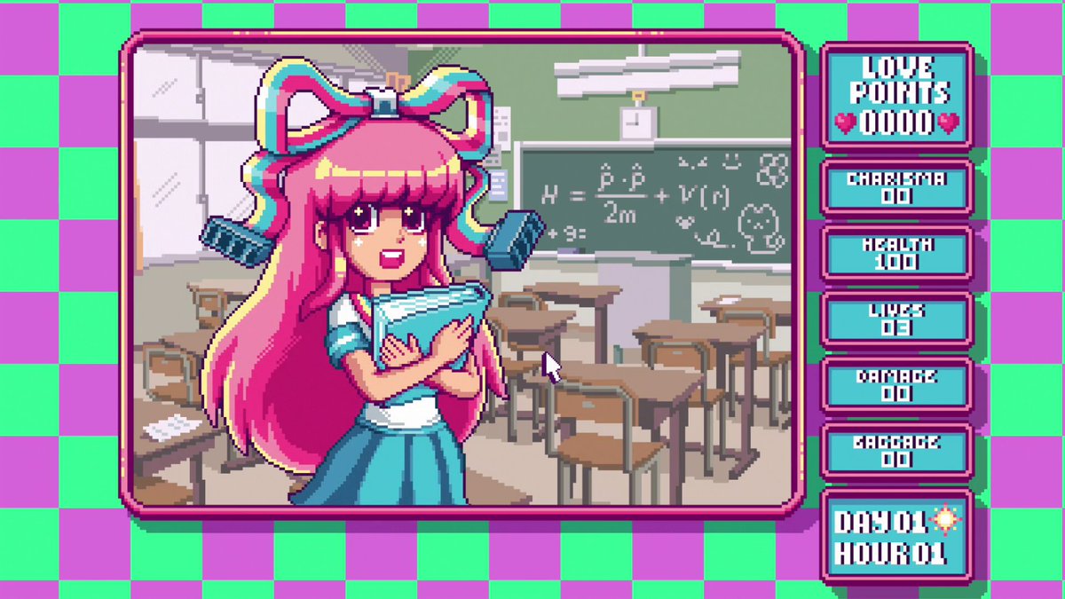 1girl pink hair skirt long hair solo classroom open mouth  illustration images