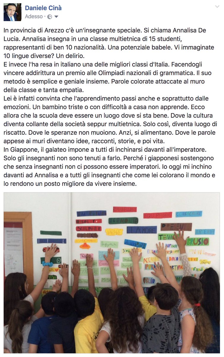 danielecina's tweet image. In provincia di Arezzo, un&apos;insegnante è riuscita a far vincere un premio nazionale di grammatica italiana ad un classe multietnica. Un mito.