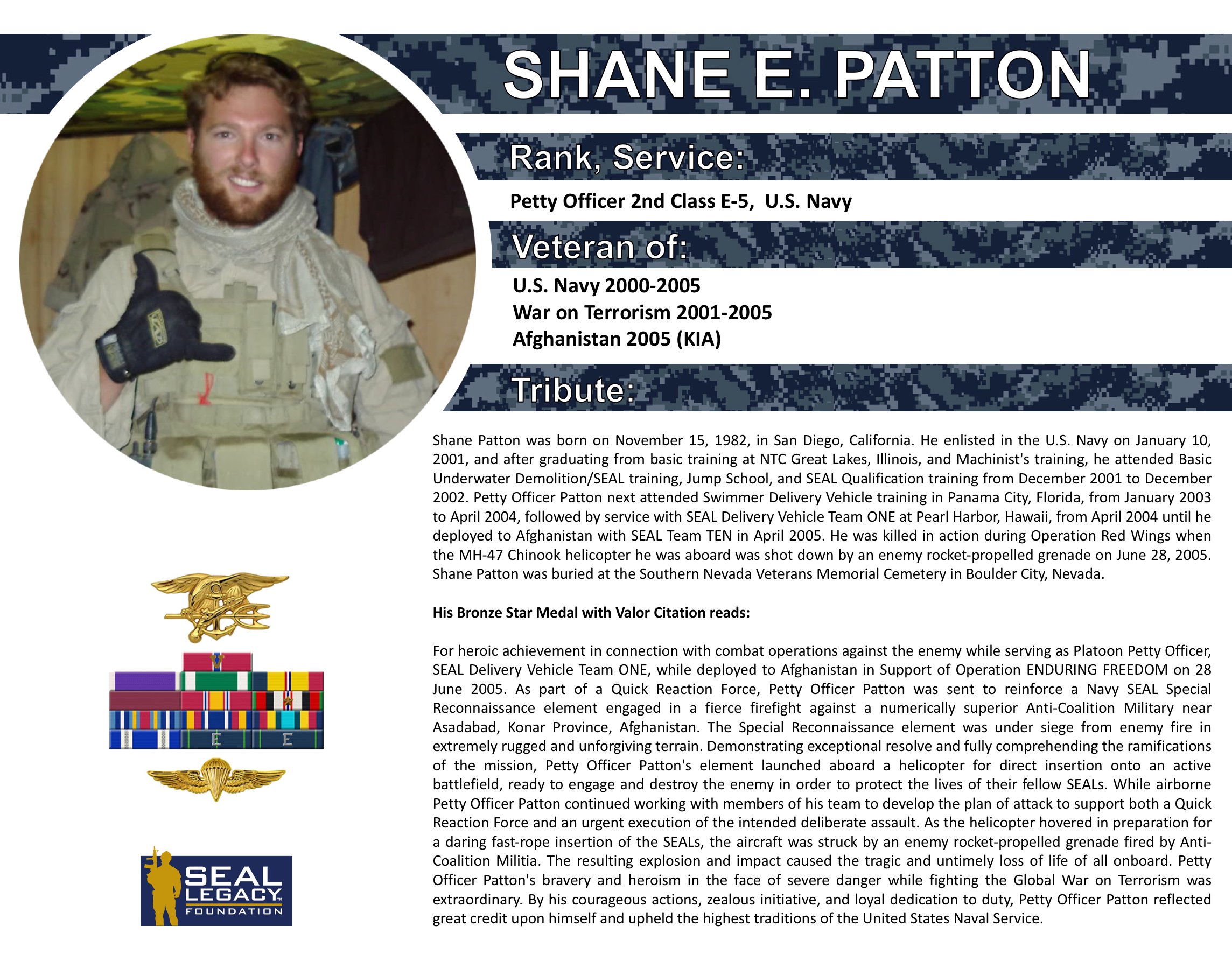 SEAL Legacy on Twitter: "Today we honor the Legacy of United States Navy  SEAL Shane E. Patton. #NoOneLeftBehind #NoOneForgotten  https://t.co/zHLoSVznZR https://t.co/oQiBsodzIR" / Twitter