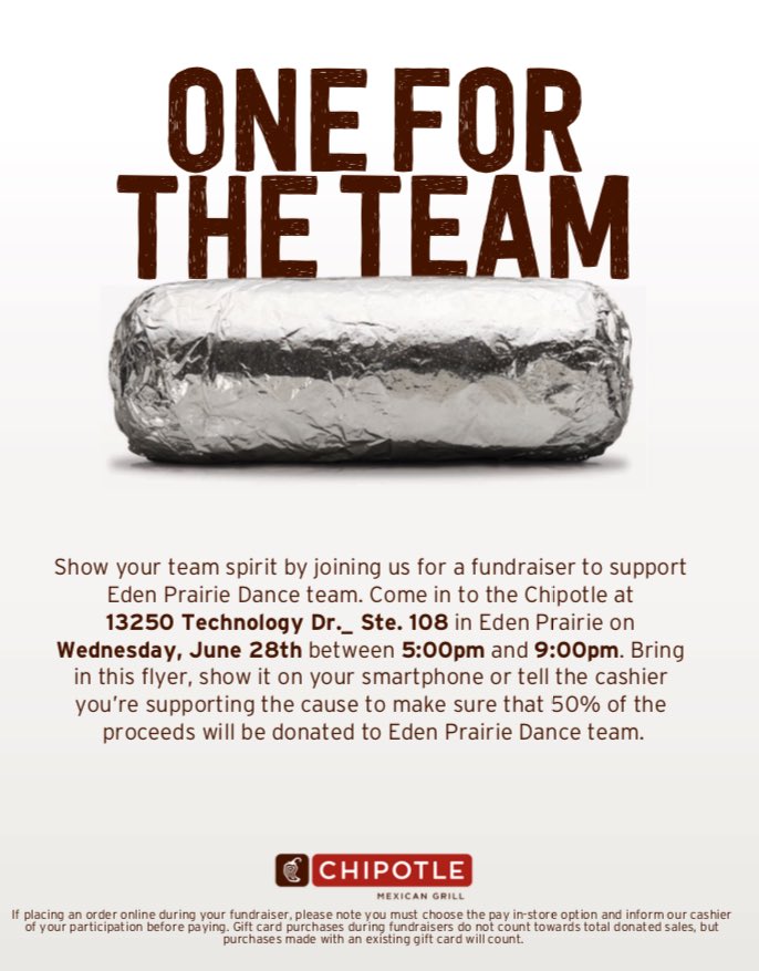 Help support EPDT at the EP Chipotle tonight from 5-9!! Mention EPDT and 50% of the proceeds will go towards the team!!👯🎉