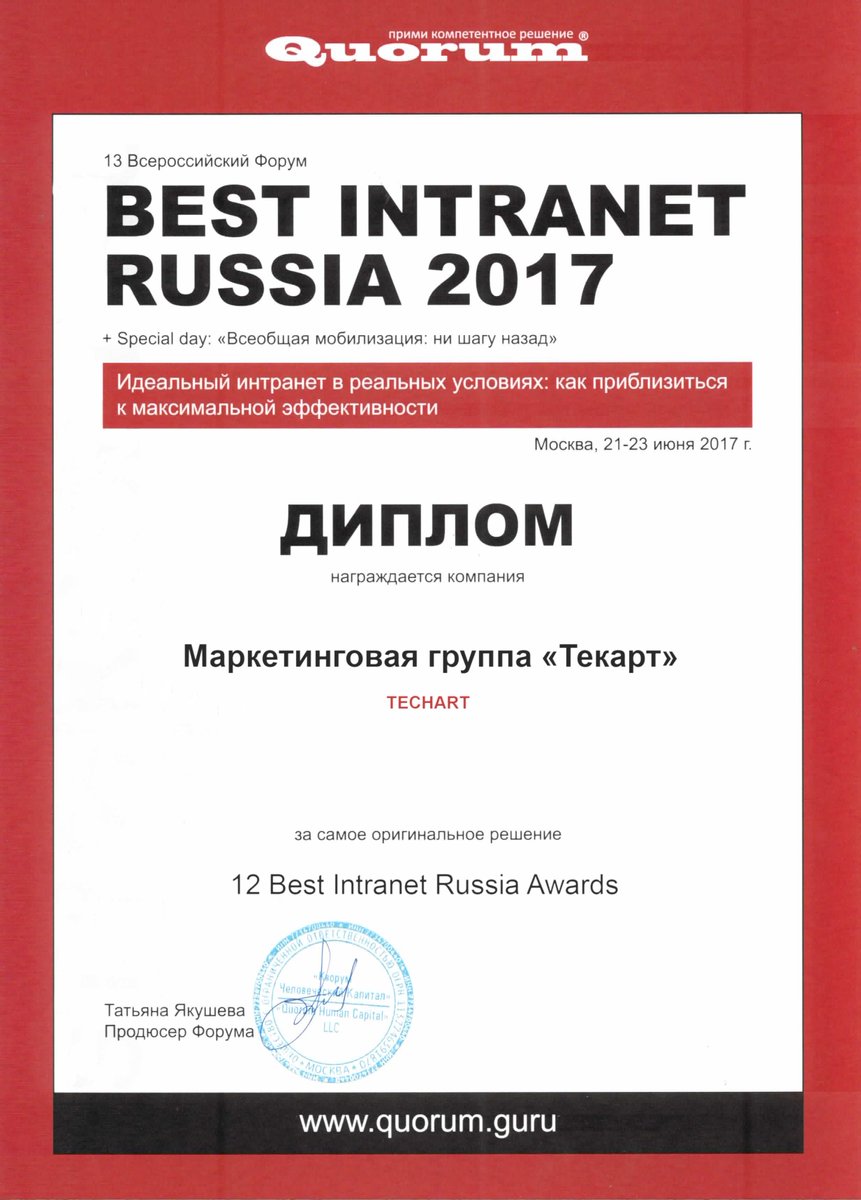 Диплом конкурса Best Intranet Russia Awards за самое оригинальное решение в номинации «INTRANET – средство решения HR-задач»!