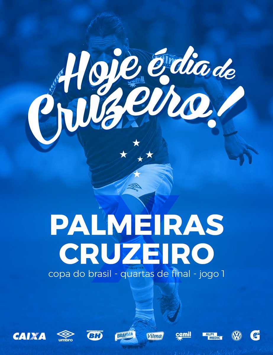 Cruzeiro's tweet image. Hoje tem #Cruzeiro contra o Palmeiras e em dose dupla! Às 19h, pelo Brasileiro Sub-20 e 21h45 pelas quartas de final da Copa do Brasil!