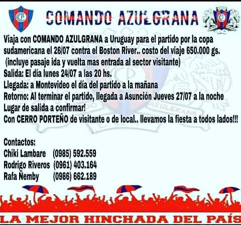 Que esperas para dar tu seña y viajar a #URUGUAY para alentar a CERRO PORTEÑO? No se queden sin sus lugares. Viaja con #COMANDO_AZULGRANA🔴🔵🔴