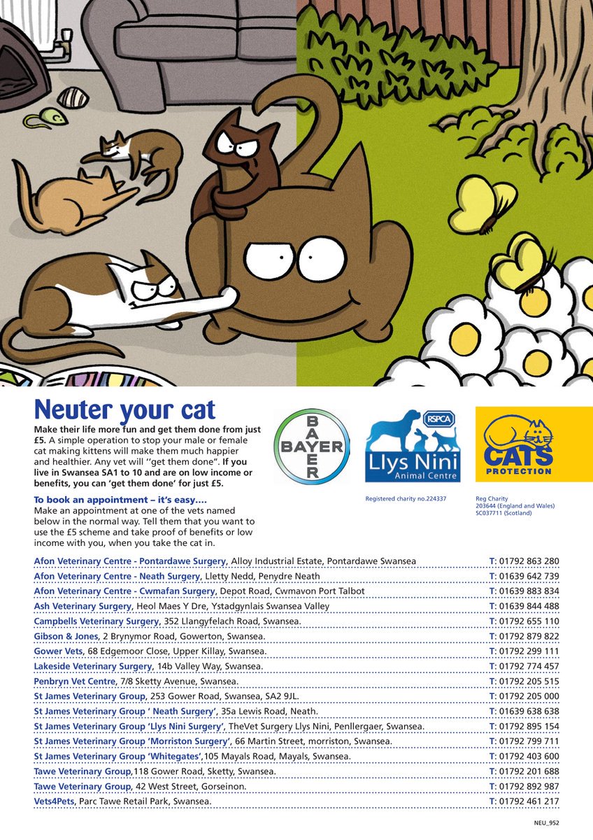 If you live in SA1–SA10 you could be eligible to have your #Cat neutered, microchipped, and wormed/Flea for £5!