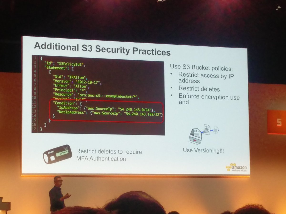 stephenkeep's tweet image. Did not know you could IP whitelist S3 buckets #AWSSummit