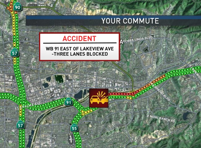 6:07 am – CHP says 3 lanes are blocked after an acc on the WB 91 @ Lakeview Ave in Anaheim Hills.  Traffic gets jammed e/o Imperial Hwy.