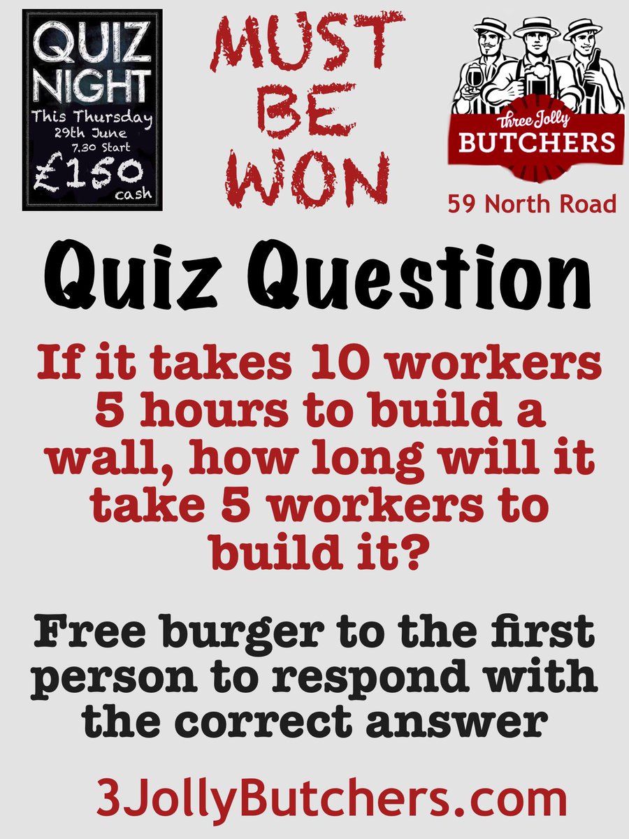 Quiz Night tomorrow, £150 must be won. Try this to sharpen your minds.

Bring a team!

#Guaranteed£150inCashMustBeWon