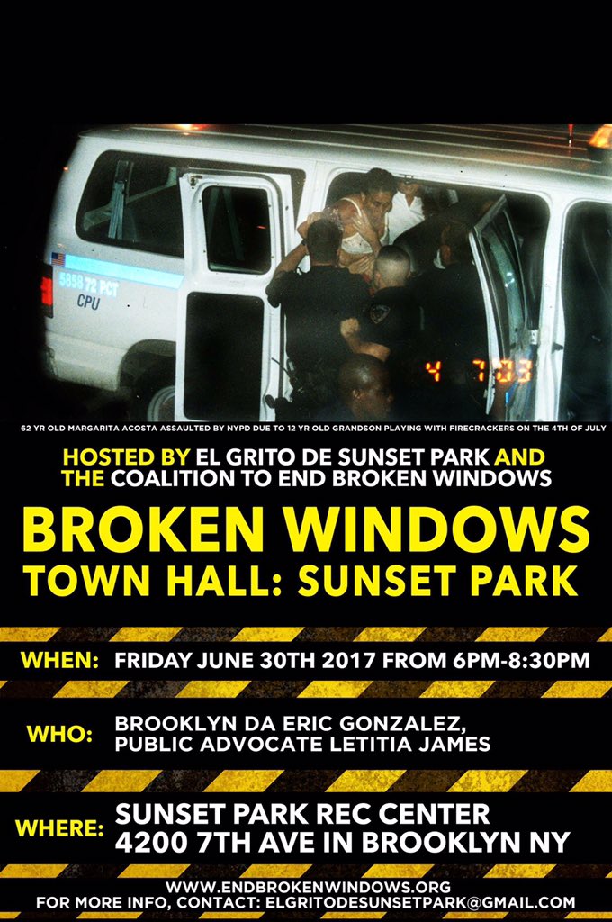 elgritoOrg's tweet photo. #SunsetPark #BrokenWindows #TownHall Friday June 30th @ 6pm at 4200 7th Ave #Brooklyn w/ @BrooklynDA Public Advocate @TishJames @cmenchaca https://t.co/mYVbLxHSUu