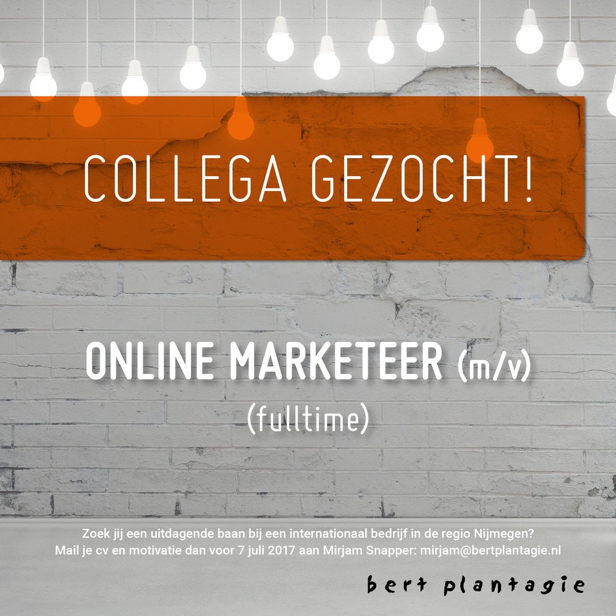 We’re hiring! Ben jij onze nieuwe online marketeer? ow.ly/G1RX30d1w2X #vacature #nijmegen #marketing #onlinemarketing #bertplantagie