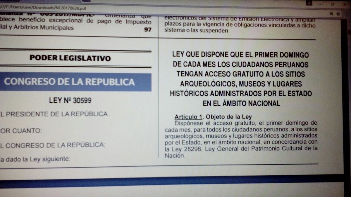 Ley que dispone que 1er domingo de cada mes ciudadanos peruanos tengan acceso gratuito a sitios arqueológicos, museos y lugares históricos