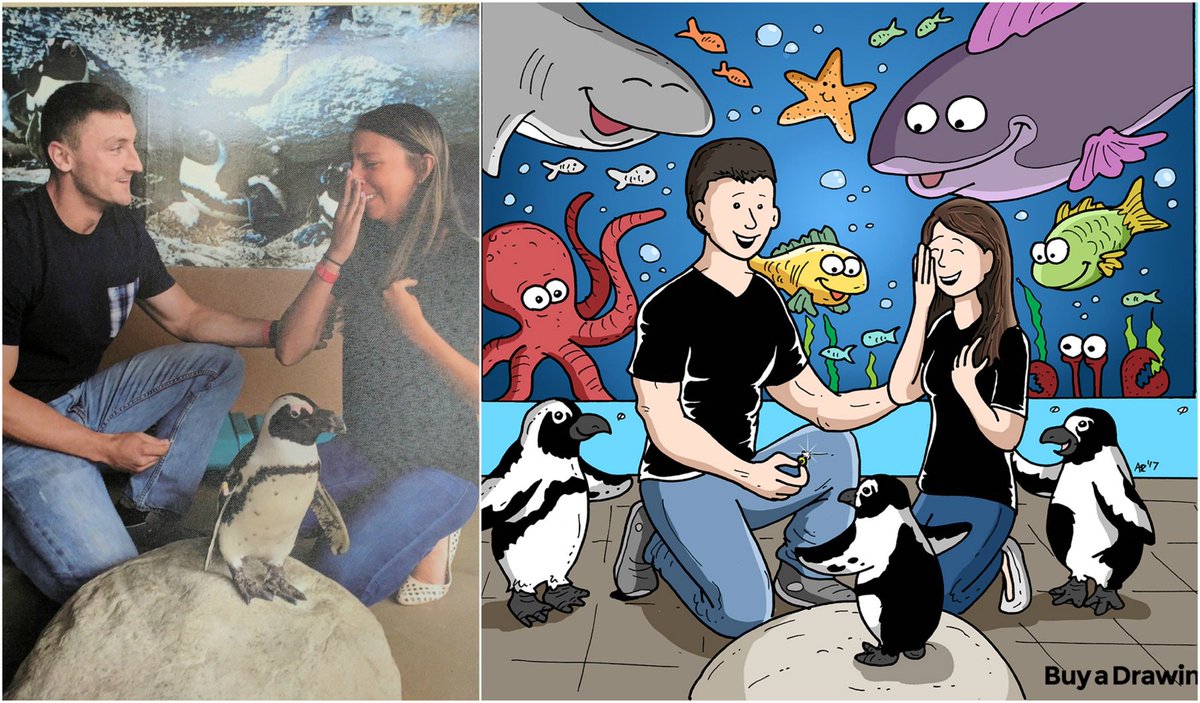 Chris asked me to draw the moment he proposed to his girlfriend at the Mystic Aquarium as a cartoon. 🦈#drawing #cartoon #aquarium