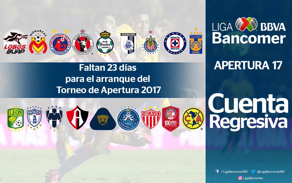 LigaBBVAMX's tweet image. Ya son sólo 23 los días que hay que esperar para arrancar el #Apertura2017 de la #LIGABancomerMX
⚽ #SienteTuLiga ⚽ #AbrazadosPorElFutbol
