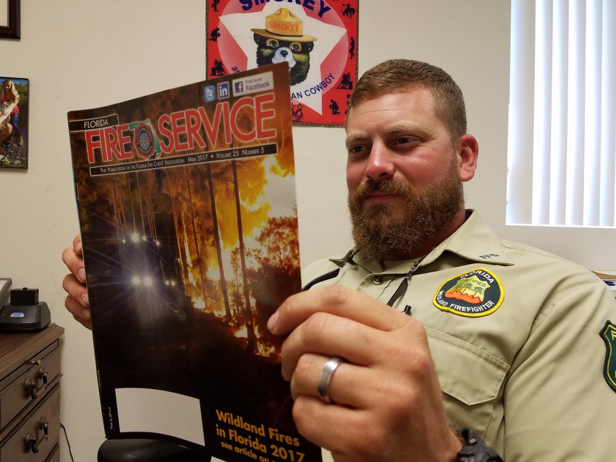 FFS_Okeechobee's tweet photo. May's FL Fire Service Publication features Senior Ranger Jeff Curl's picture of 2 firefighting bulldozers on a wildfire in #StLucieCounty https://t.co/YX8EGAD9Zu