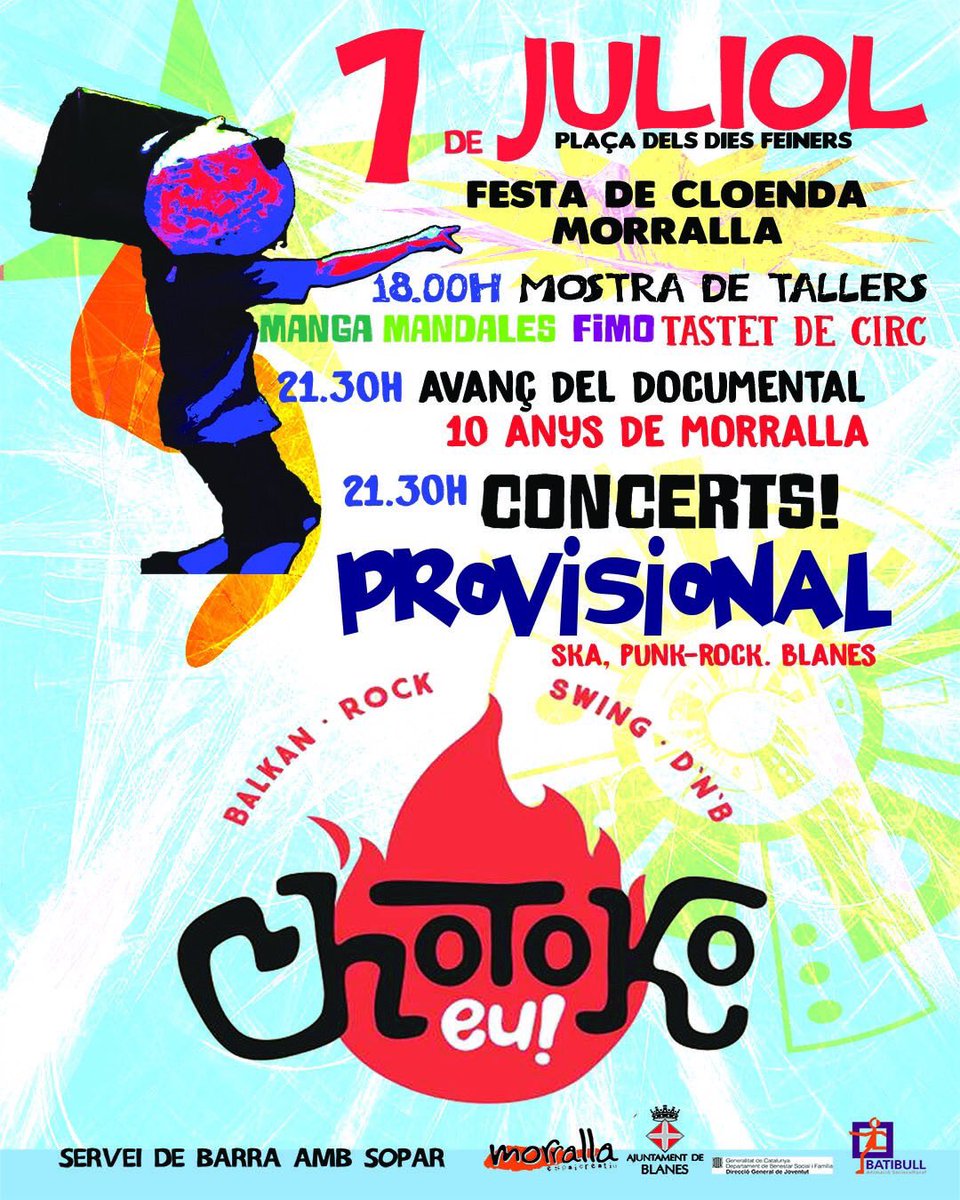 📅 1/07-> 🎉Festa de Cloenda #Morralla!

Mostra 🤹‍♀️tallers🎭, avançament docu 📽#10anys i 🎸concerts🥁 amb #Provisional i <a href="/chotokoeu/">Chotokoeu!</a>! 🕺🏻#Joventut