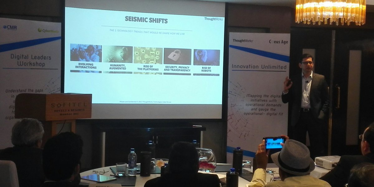 gauthamh80's tweet photo. Future tech trends explained by @jayeshghatge76 
 Digital Leaders Workshop  by @CMRINDIA  &amp; @thoughtworks https://t.co/9990cLw9Fl https://t.co/xogqMUeg8W