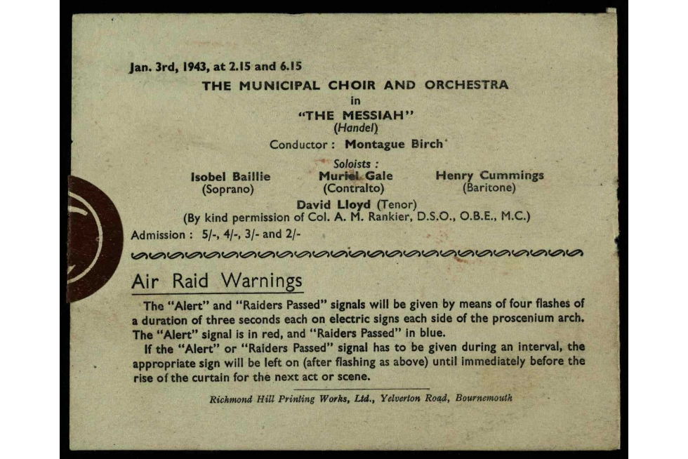 MassObsArchive's tweet photo. What did air raid warnings in a theatre look like? This programme for Bournemouth shows how the audience were kept informed #MO80images https://t.co/DXxoKEsw93