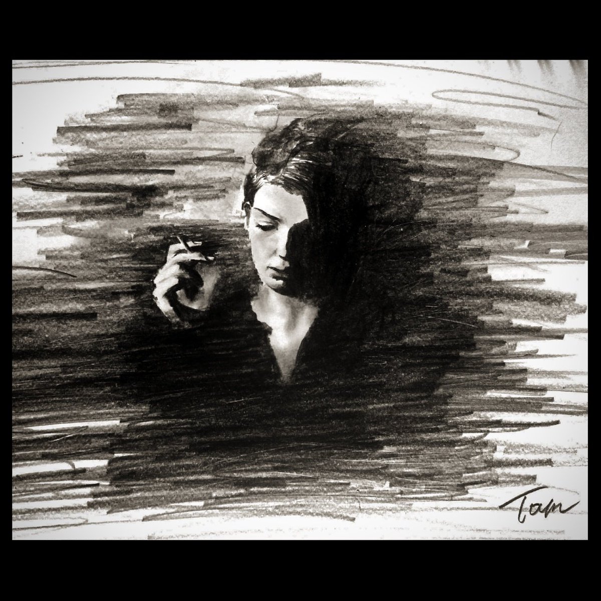 森永製薬の小枝を煙草みたいに持つ小ボケをかましつつも悲しげな女性
#illustration #drowing #smoking #woman #鉛筆画 #イラスト #人物画  #pen 