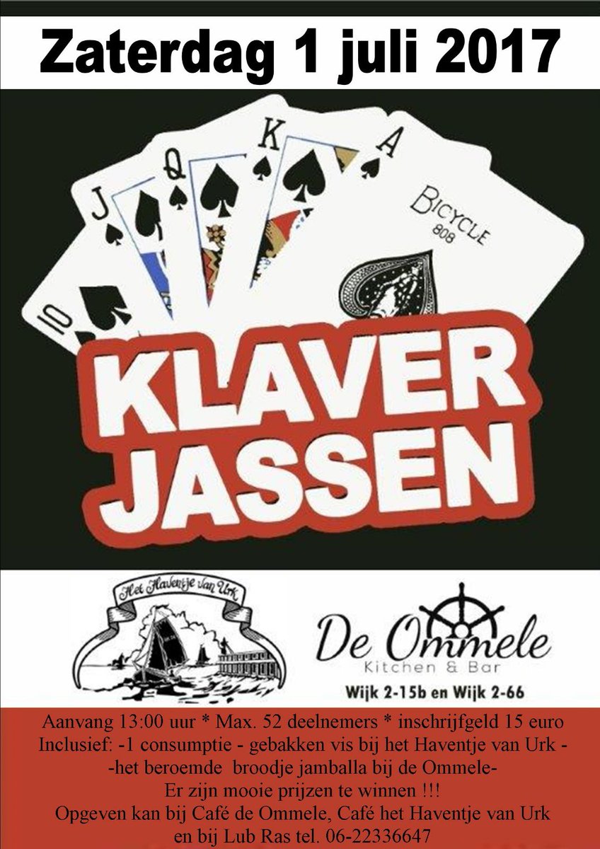 Zaterdag niets te doen? Kom gezellig mee klaverjassen en win leuke prijzen♠️♥️♦️♣️ geef je op bij de ommele of bij het Haventje.. delen=lief