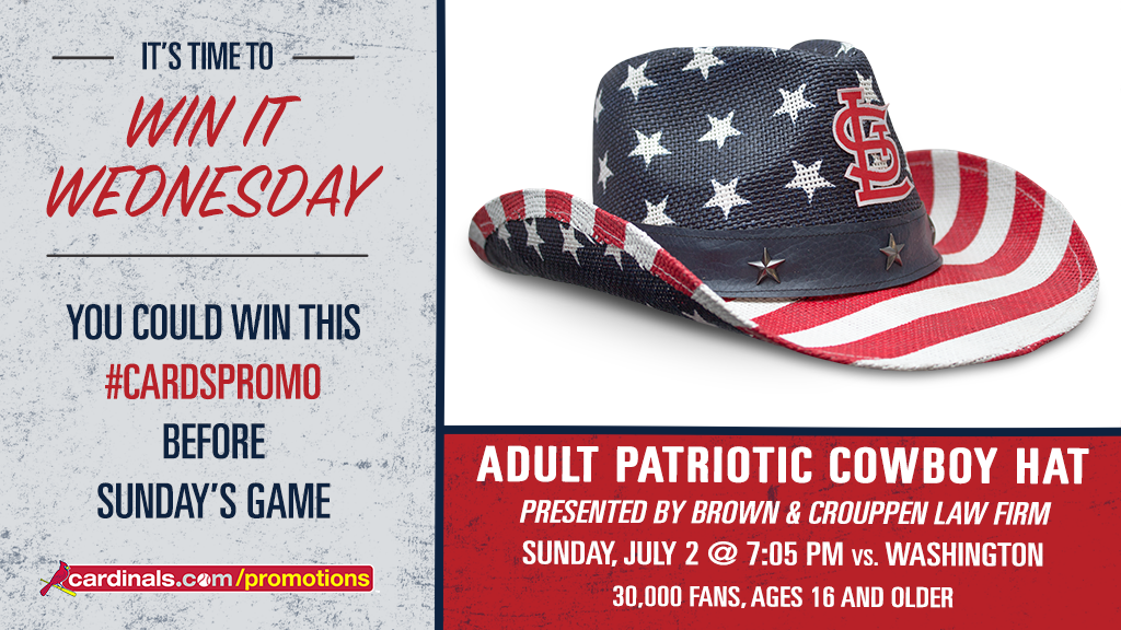 Cardinals's tweet photo. It's time for another Win It Wednesday! Retweet this to win a #STLCards Patriotic Cowboy Hat. Tickets at https://t.co/vb3glCkdWy #CardsPromo https://t.co/c7GUJfppv9