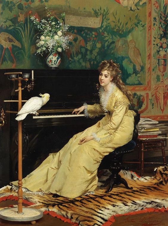 DrRobynMiller's tweet photo. Fascinated by paintings like de Jonghe's "Woman at the Piano with a Cockatoo" (1870) with visual echoes between kept birds and women https://t.co/kdFyYlTmbP