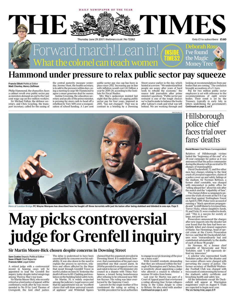 BBCHelena's tweet image. Thursday's THE TIMES: May picks controversial judge for Grenfell inquiry #tomorrowspaperstoday