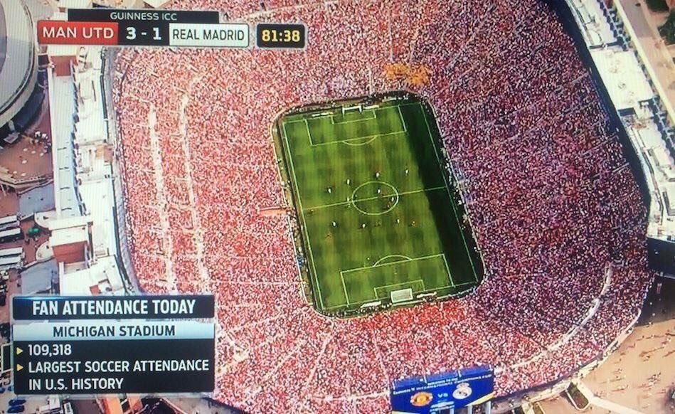 StretfordPaddck's tweet photo. Pre-season friendly - 109,000 fans. Mostly United. Best fans in the world! 🙌 https://t.co/Hqz43LYanl