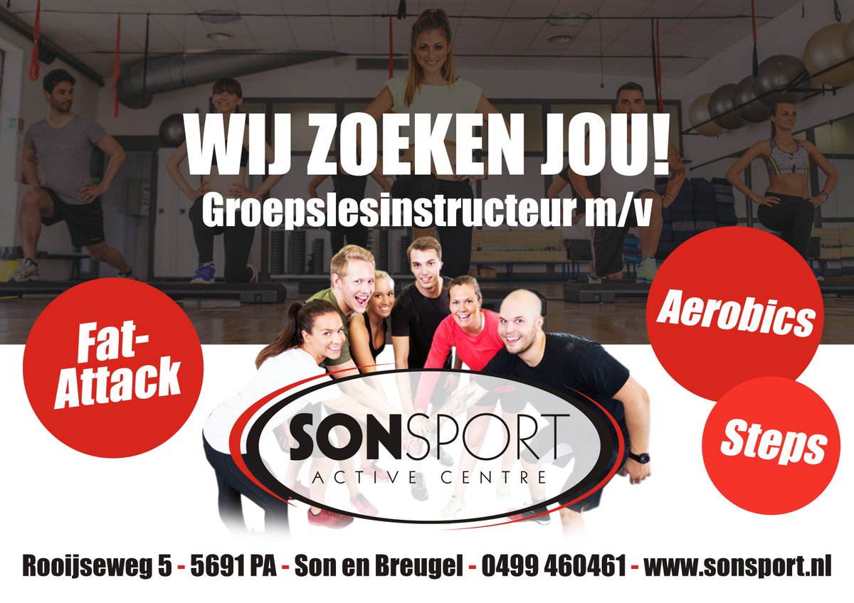 Sonsport zoekt per direct #groepslesinstructeurs voor diverse lessen. Ben jij die energieke instructeur die leden met een glimlach laat gaan