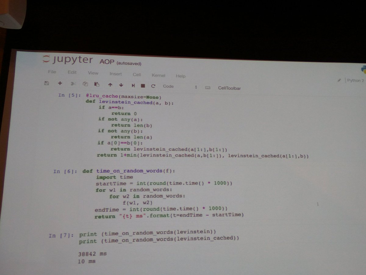 shacharmirkin's tweet image. Uri Goren about decorators in python. This one is lru_cache demonstrated on edit distance #pydataTLV