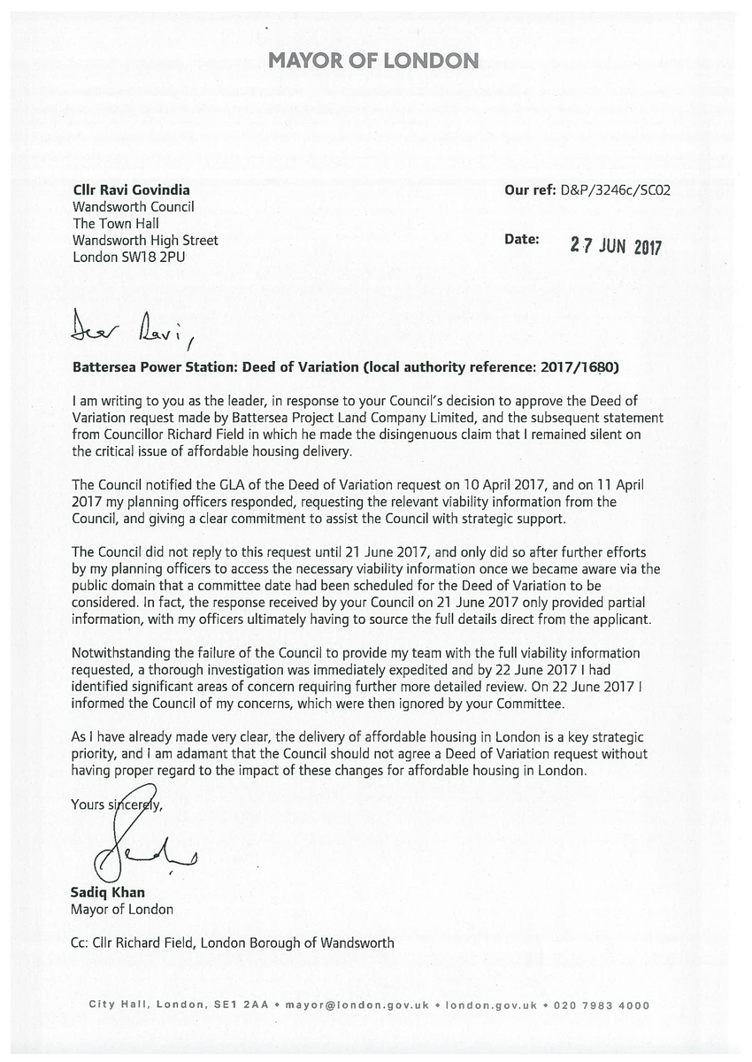 SadiqKhan's tweet photo. Wandsworth Council have let Londoners down on affordable housing at Battersea Power Station. My letter to the leader of Wandsworth Council: https://t.co/vXw9Gk9YhS