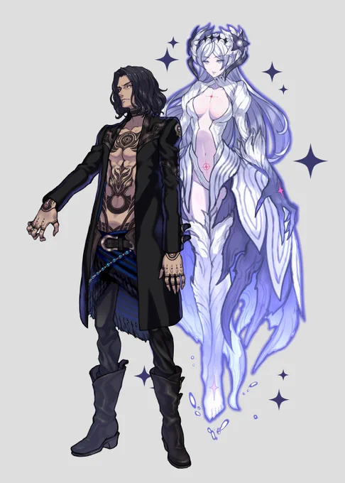創作魔法使いシリーズ。悪魔と契約して死んだ奥さんの魂を使い魔として繫ぎ止めている強面のネクロマンサー。全身のタトゥーが契約の証と魔法の触媒になっているみたいな感じ。 