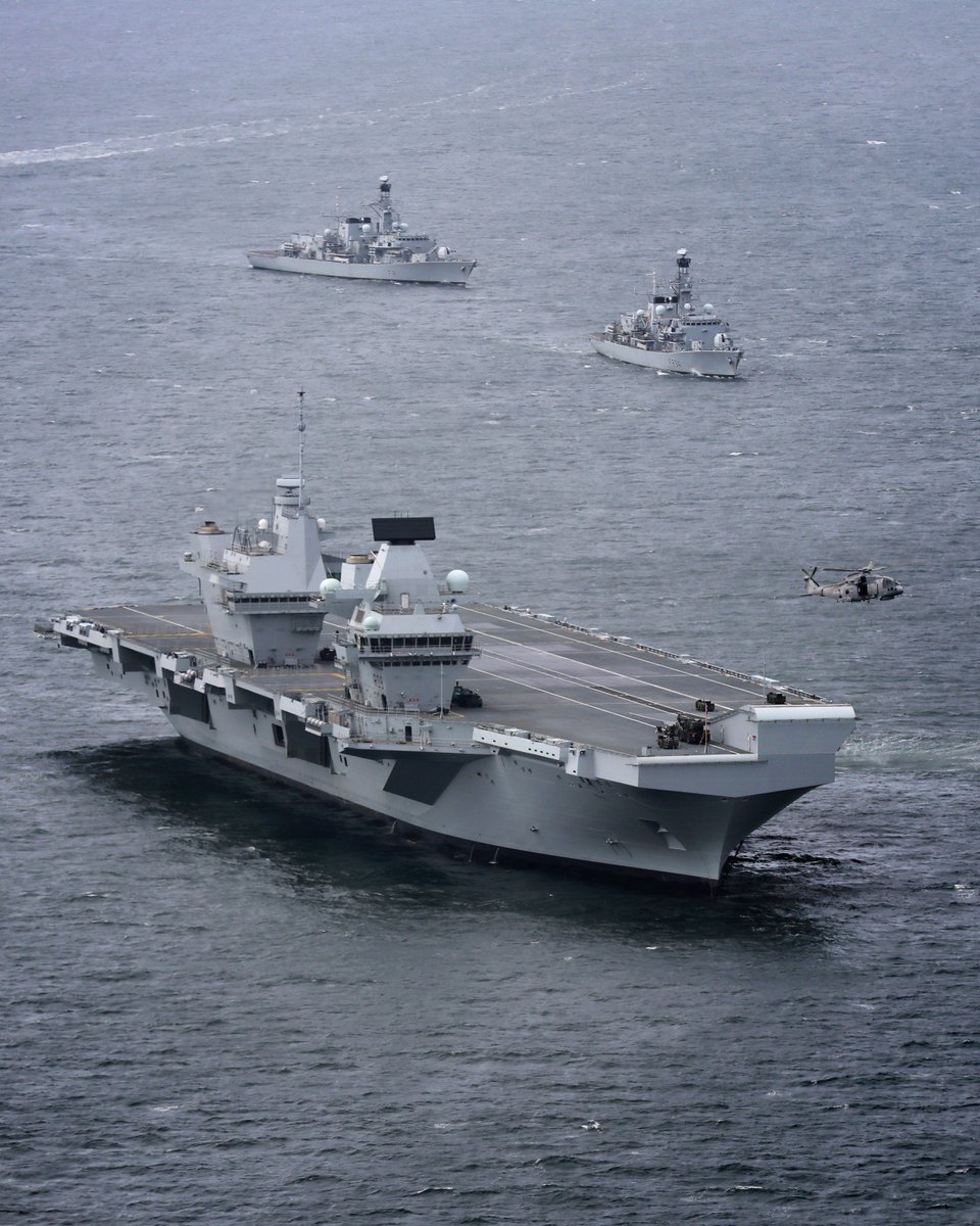 RoyalNavy's tweet image. Frigates @HMSIronDuke and HMS Sutherland joined @HMSQnlz to secure the seas as she embarks on her maiden sea trials. royalnavy.mod.uk/news-and-lates…
