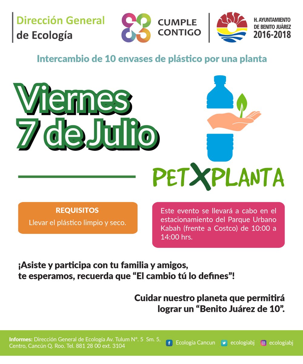 El próximo viernes 7 de Julio del presente año, se llevará a cabo un intercambio de plásticos por plantas. 🎍 ¡¡¡Te esperamos!!! #BJDe10