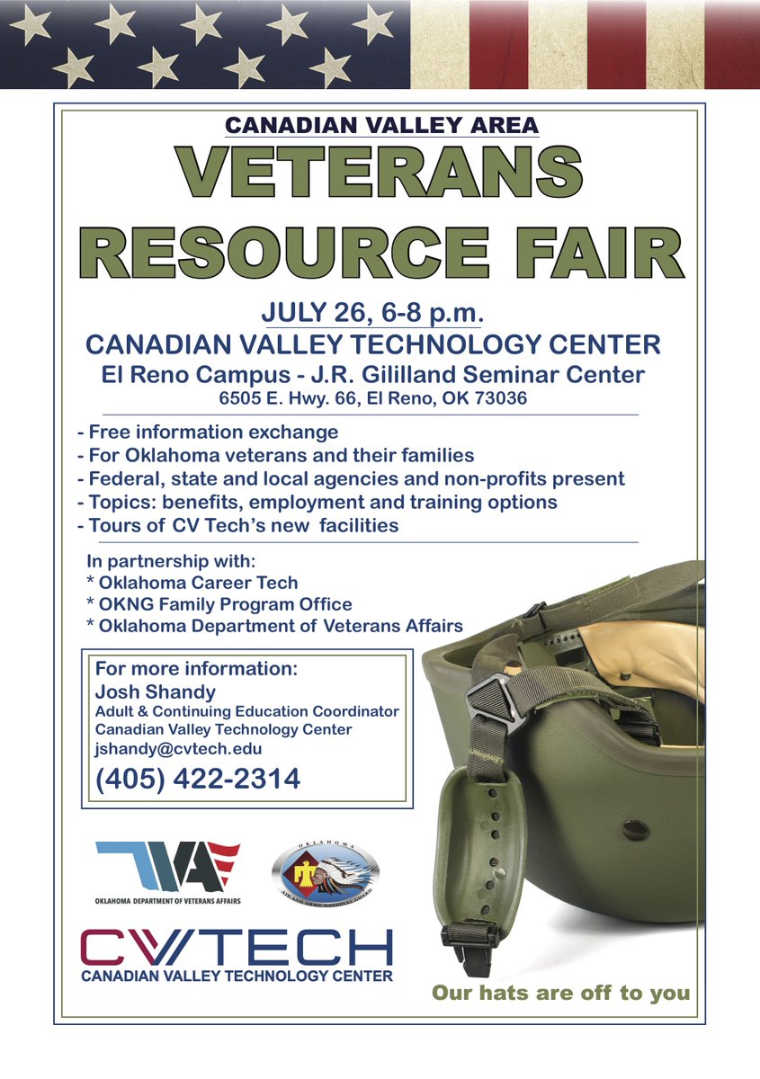 July 26 <a href="/cv_tech/">Canadian Valley Tech</a> is having a #Veterans Resource Fair from 6-8pm in El Reno. Event is open to all Oklahoma veterans + their families. <a href="/OKVets/">ODVA</a>