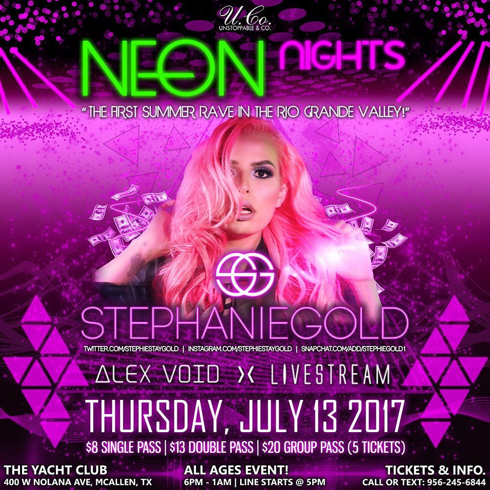 UnstoppableCo's tweet photo. *HEADLINER ANNOUNCEMENT! @NeonNightsRGV x @stephiestaygold feat. #AlexVoid b2b #LiveStream! 🎉✨🙌🏻 #edm #rave #plur #mcallen #summer https://t.co/HmPV0H1D6H